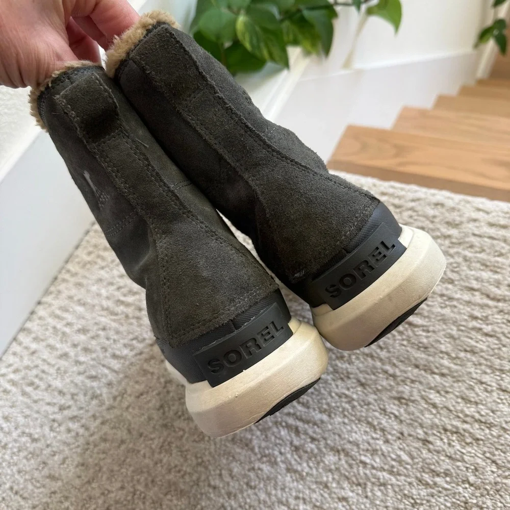 Sorel EXPLORER II JOAN WATERPROOF BOOTS Faux Fur WOMEN 10 GRILL FAWN LEATHER‎